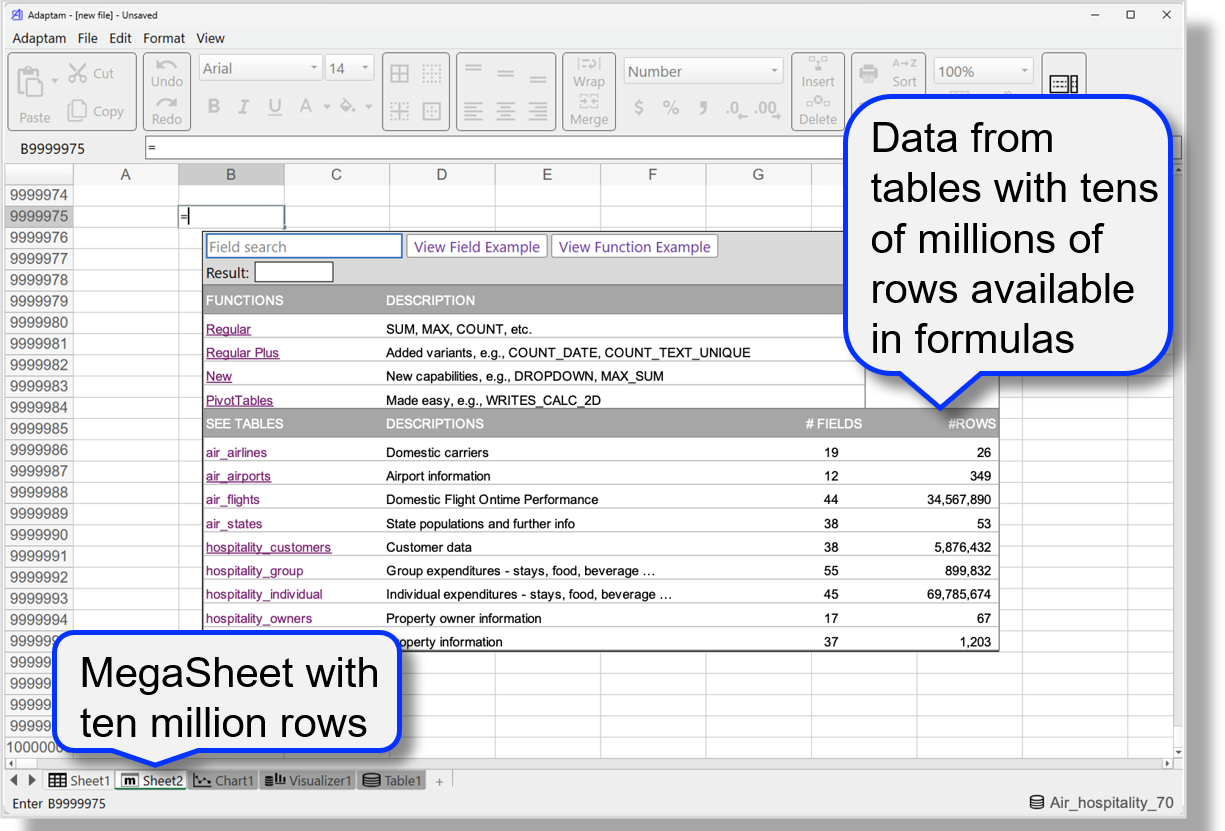 Adaptam spreadsheet open to row ten million, demonstrating large-scale data handling with formula guides