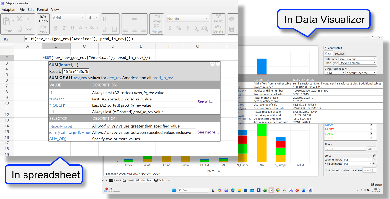 Side-by-side view of a formula guide in the spreadsheet and the same guided formula creation in the Data Visualizer